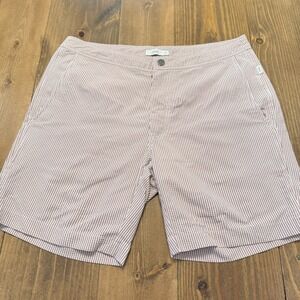 Onia Calder 7.5" Swim Truck Preppy Seersucker Stripe Mesh Lined Hybrid Shorts 32